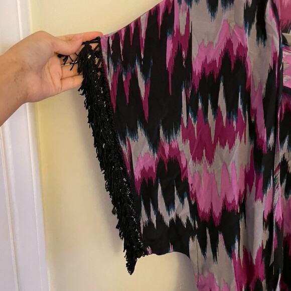 Akiko Tunic Dress Women's 100% SIlk Mini Cover Up Purple Black Small V Neck - Picture 4 of 6